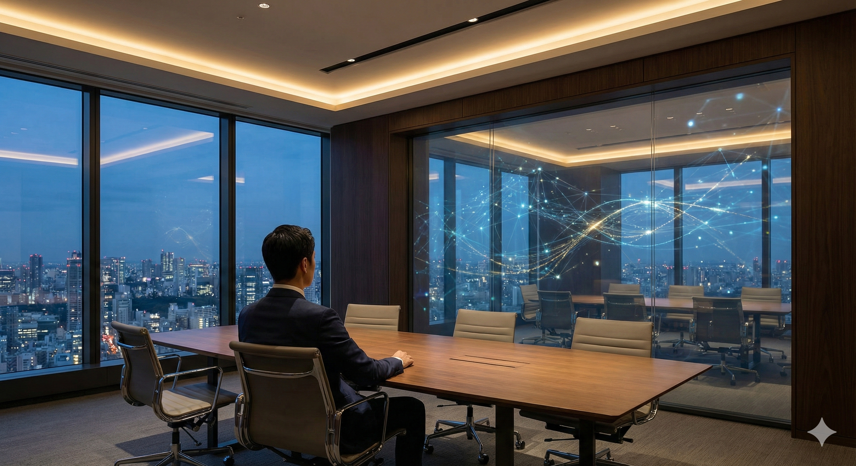 Modern executive boardroom overlooking city skyline